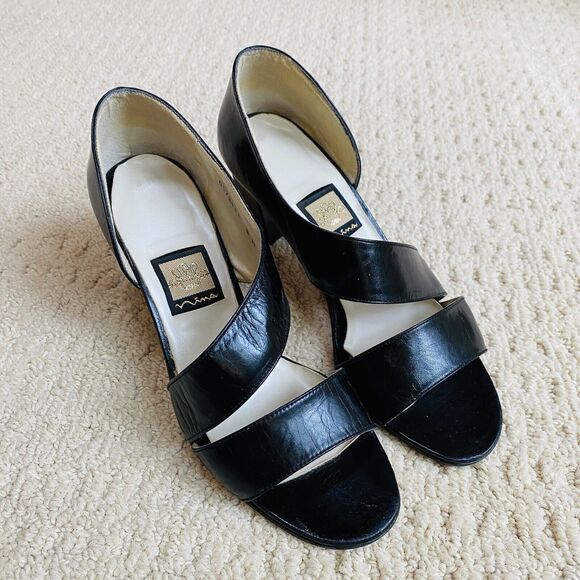 Vintage Nina Black Leather Slip On Shoes Unique D'Orsay Mid Heel Dressy Y2K 90's - Picture 1 of 11